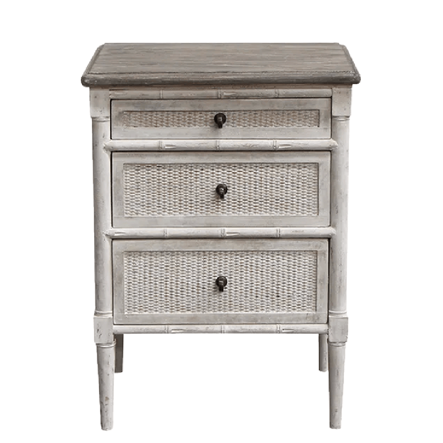 French Colonial Three Drawer Bedside Table - Antique White