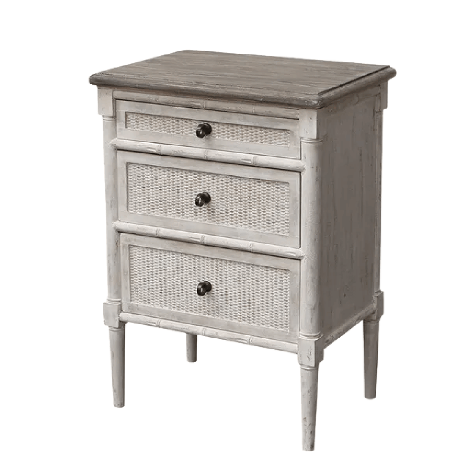 French Colonial Three Drawer Bedside Table - Antique White