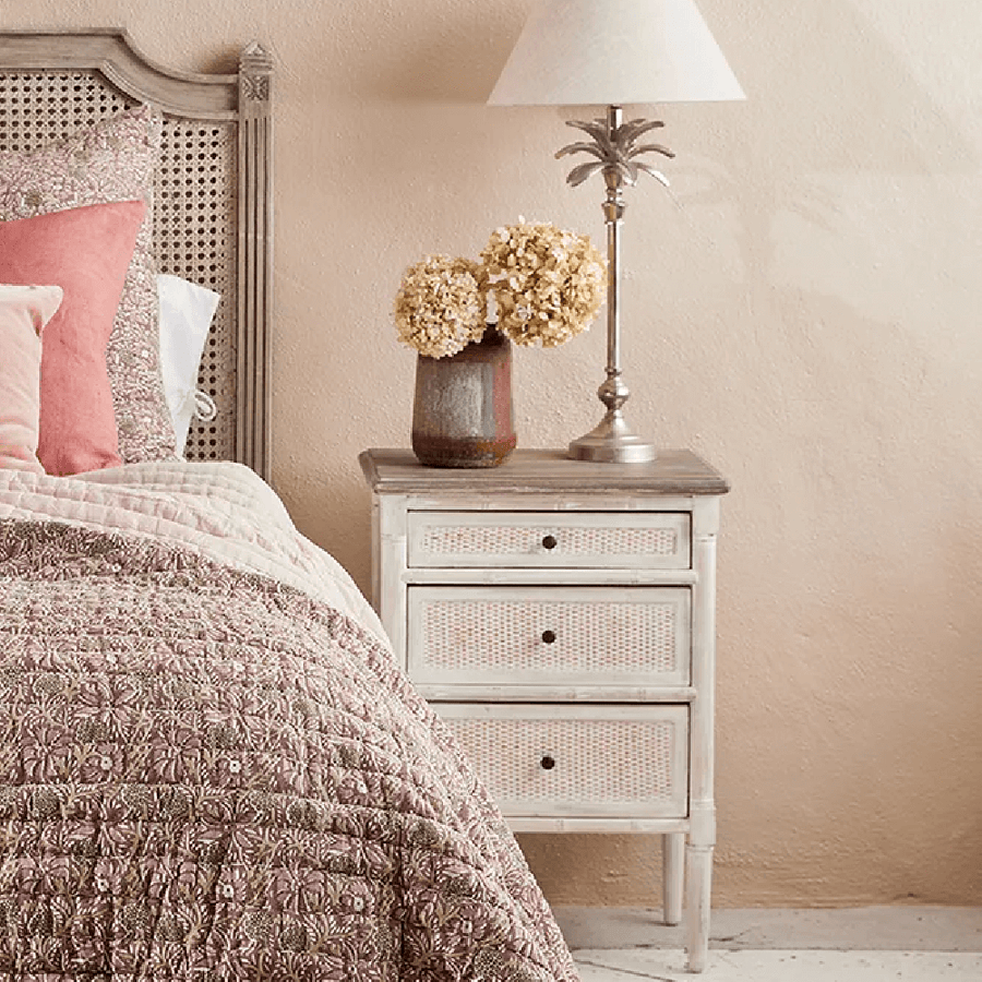 French Colonial Three Drawer Bedside Table - Antique White