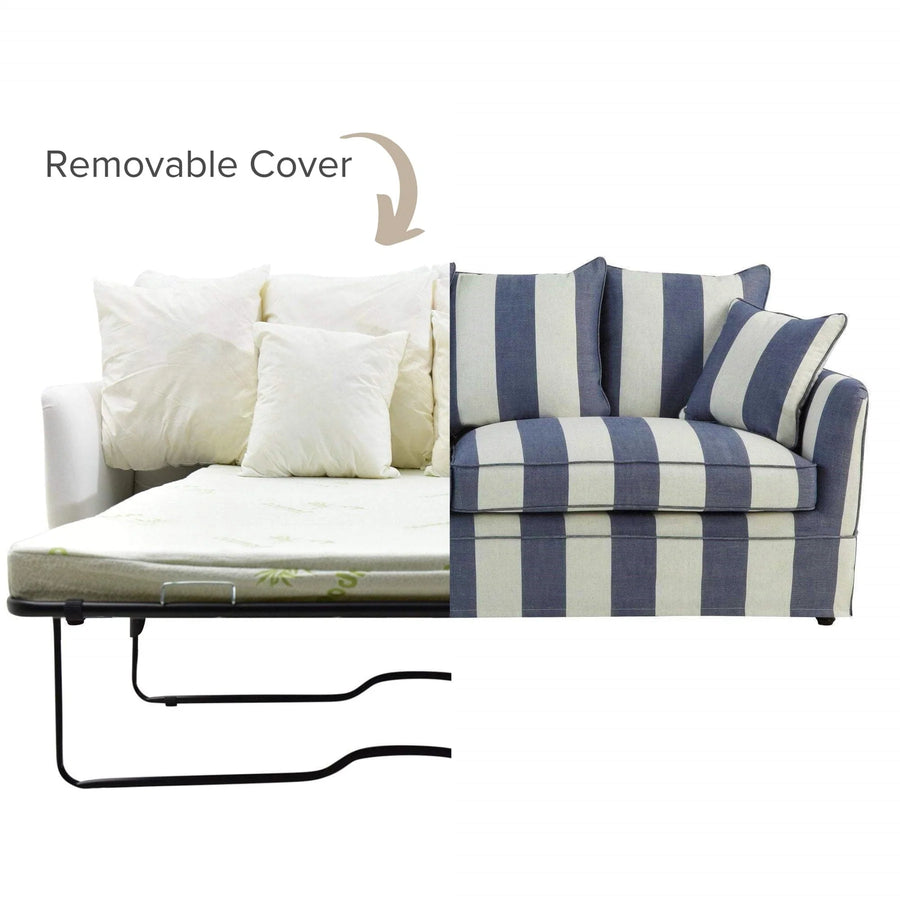 Hamptons Contemporary Three Seater Slip-Cover Sofa Bed - Denim Blue & Off-White Striped