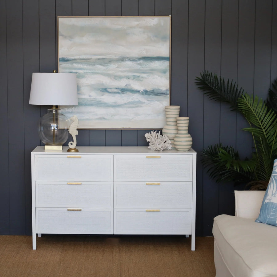 White Six Rattan Drawer Dresser