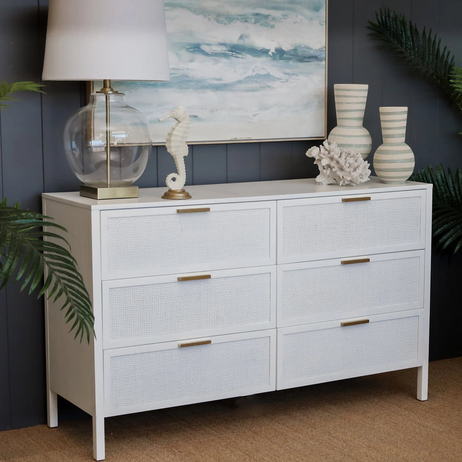 White Six Rattan Drawer Dresser