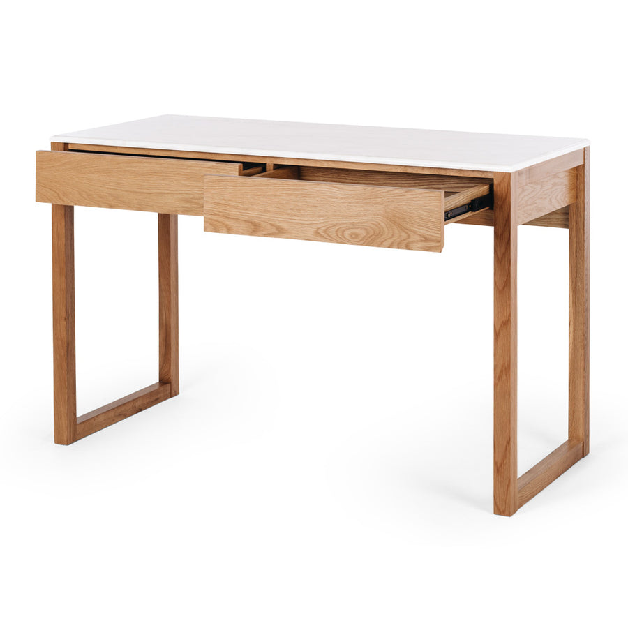 Oak Two Drawer Desk - Carrara Marble Top